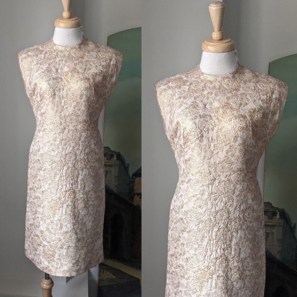 Vintage 1950s 1960s Style Queen Gold Brocade Wiggle Dress